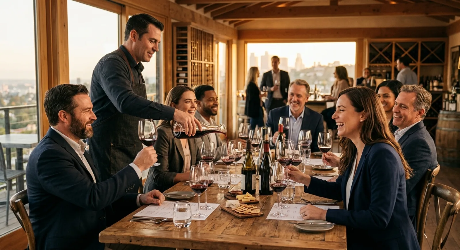 Corporate team enjoying wine tasting experience led by sommelier in Santa Monica wine bar