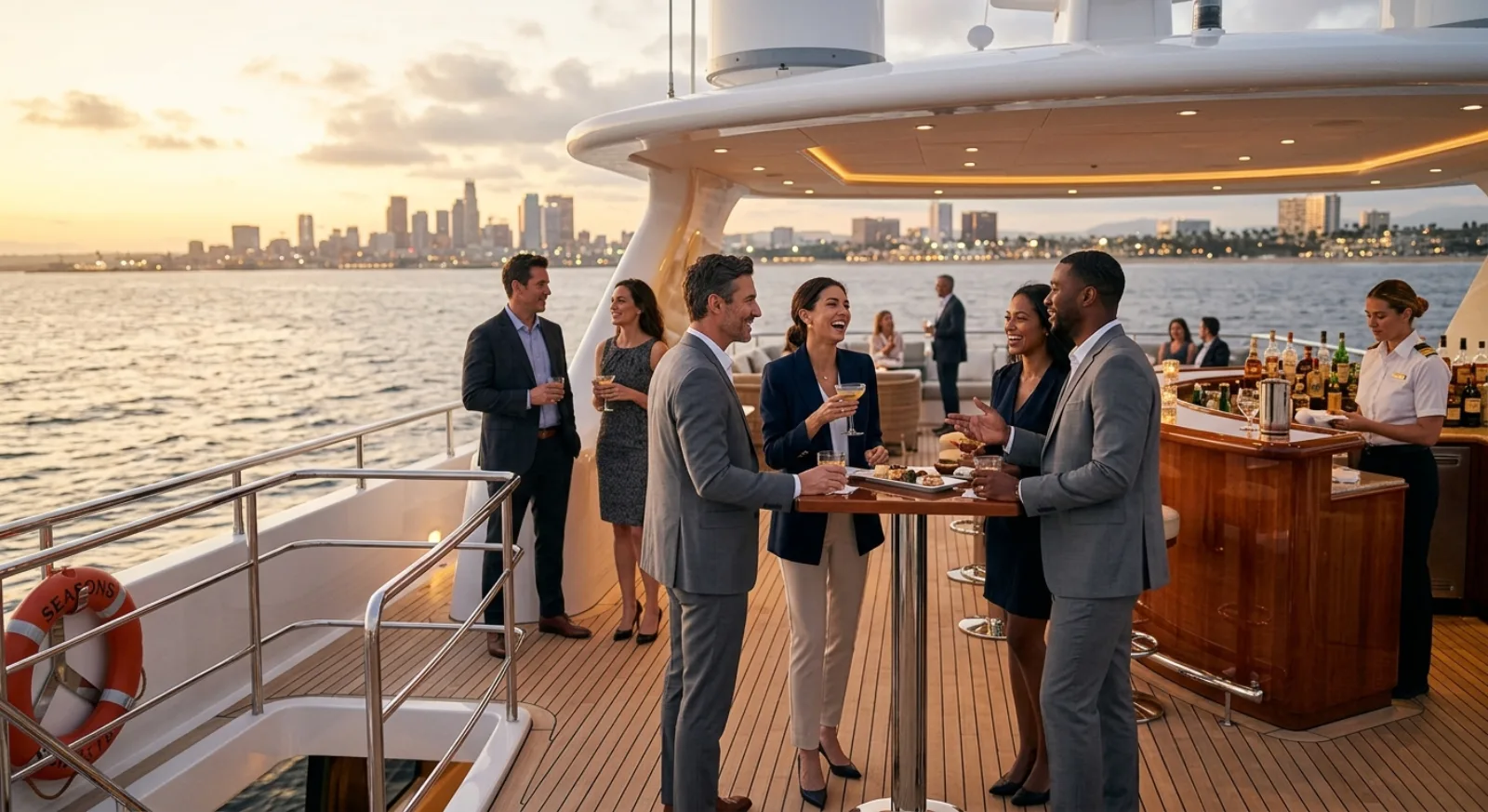 Corporate team enjoying private yacht charter on Pacific Ocean in Los Angeles with sunset views