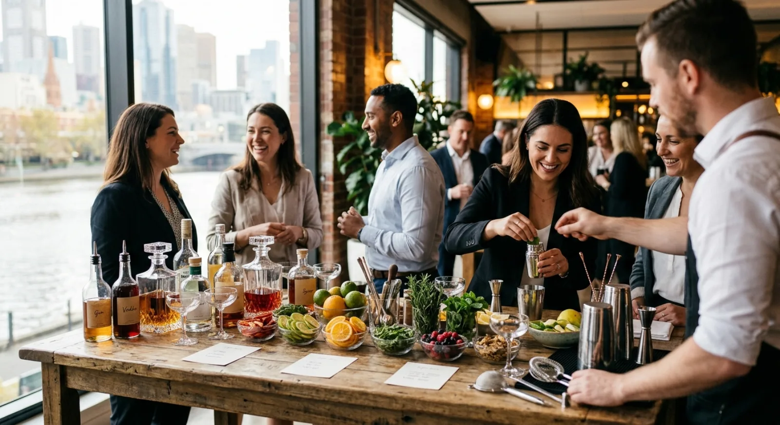 Professional bartender teaching cocktail mixing to corporate team in Melbourne