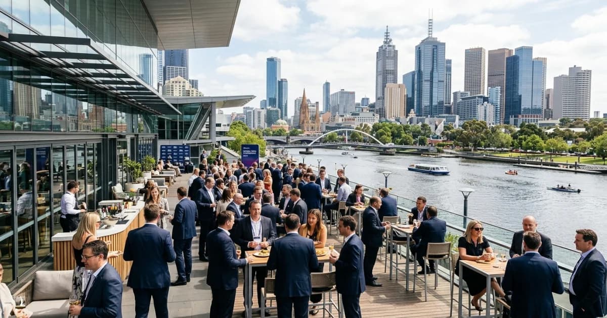 Professional corporate event attendees networking at modern Melbourne venue with city views
