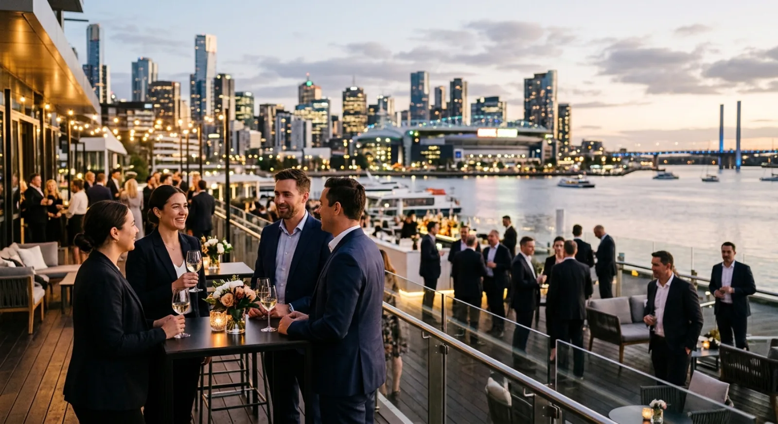 Modern Docklands waterfront Melbourne with riverside event venues and contemporary spaces