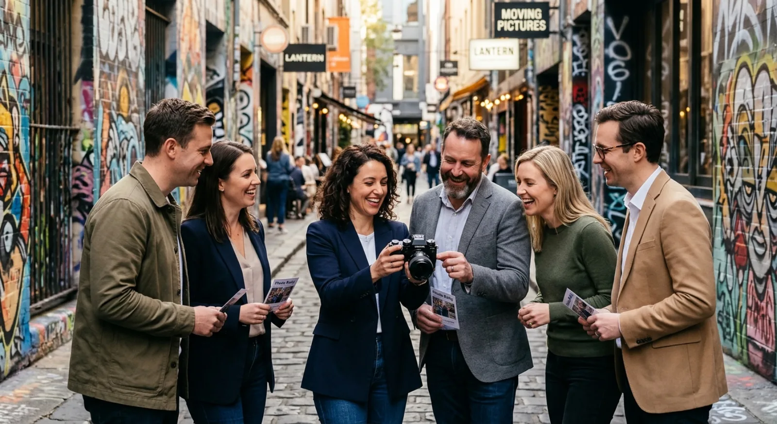 Corporate team taking photos during scavenger hunt in Melbourne laneways