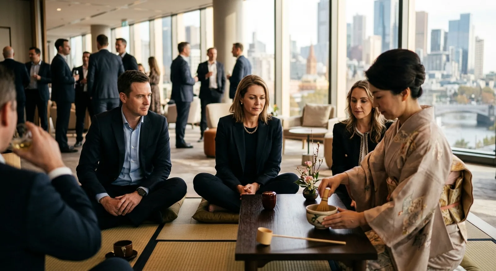 Corporate team participating in Japanese tea ceremony experience in Melbourne