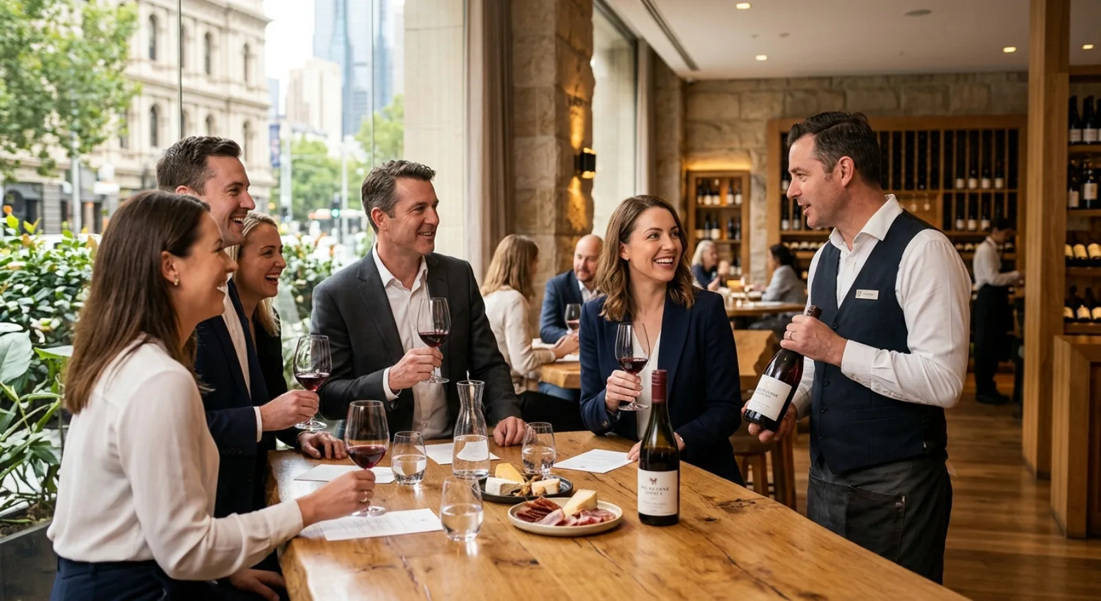 Corporate team enjoying wine tasting experience led by sommelier in Melbourne