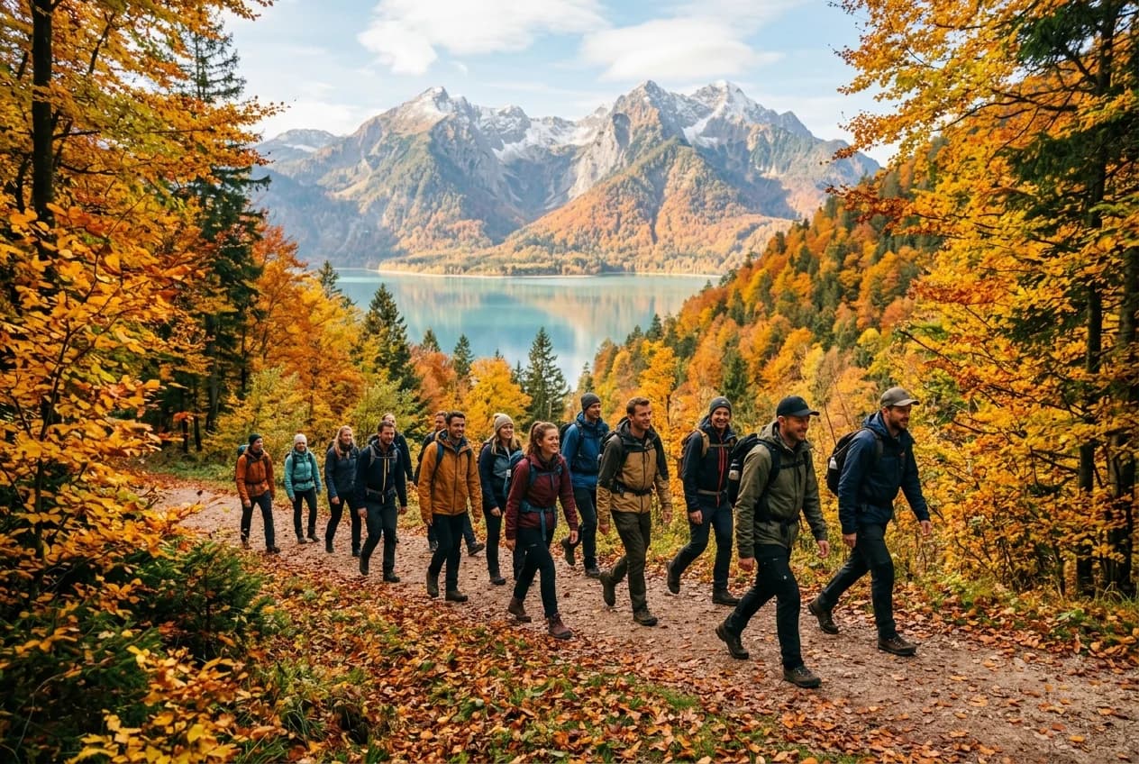 Corporate team at an autumn retreat in Cologne with golden Alpine foliage and Eisstockschiessen