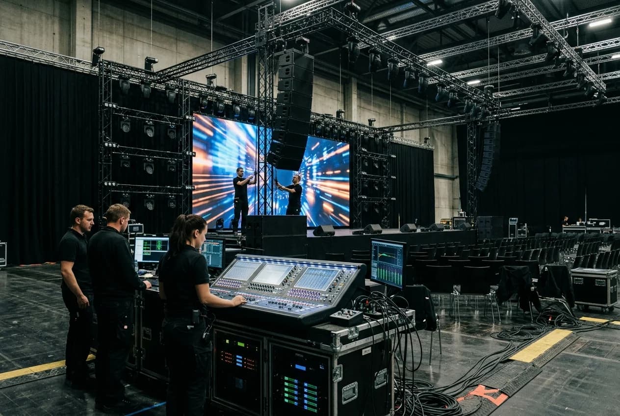 Professional AV setup with LED screen and lighting at a corporate event in Vienna