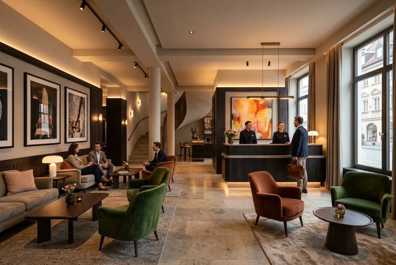 Stylish boutique hotel room in Vienna with Bavarian design elements and Viktualienmarkt views