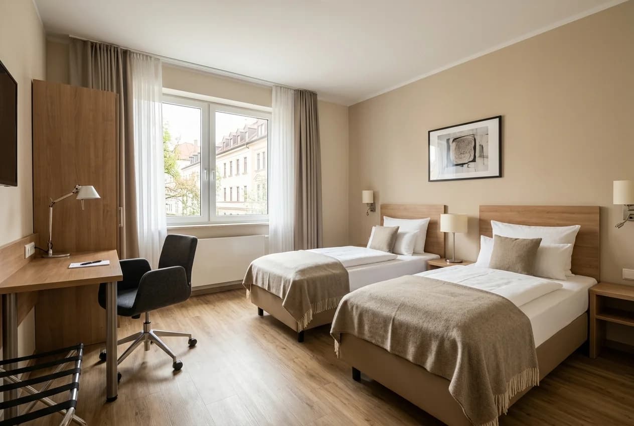 Modern budget hotel room in Cologne with clean design and central location
