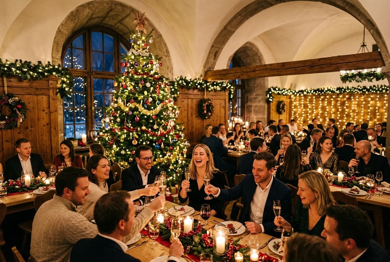 Corporate team at the Vienna Christkindlmarkt at Marienplatz with Gluehwein and festive lights
