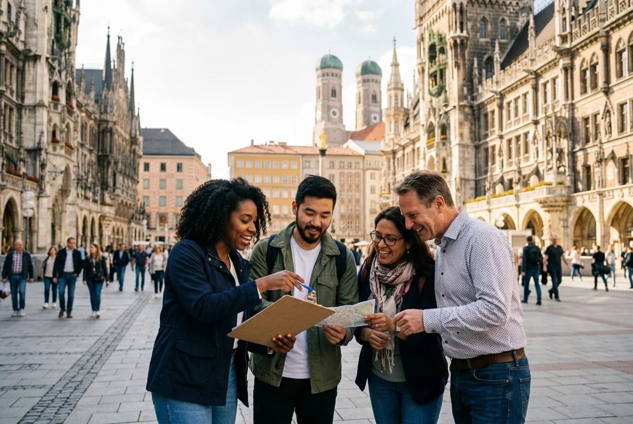 Corporate team on a city rally scavenger hunt at Marienplatz in Cologne