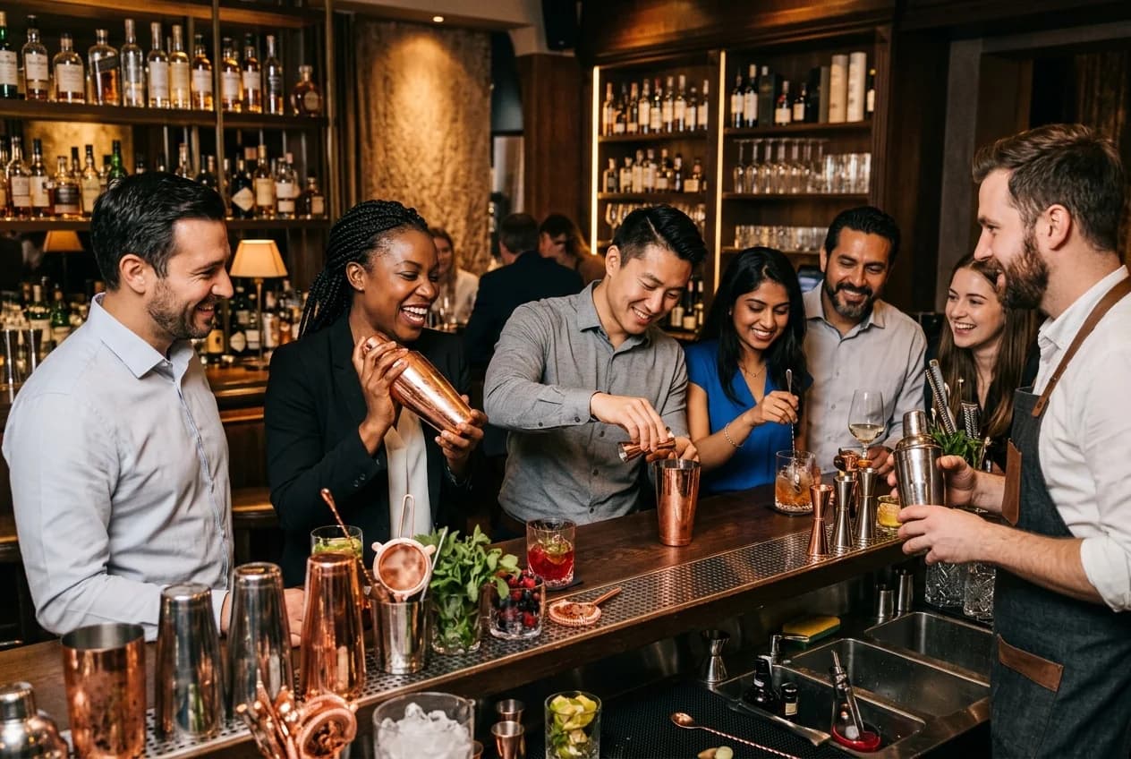 Corporate team at a cocktail workshop in Zurich Glockenbachviertel with professional mixologist