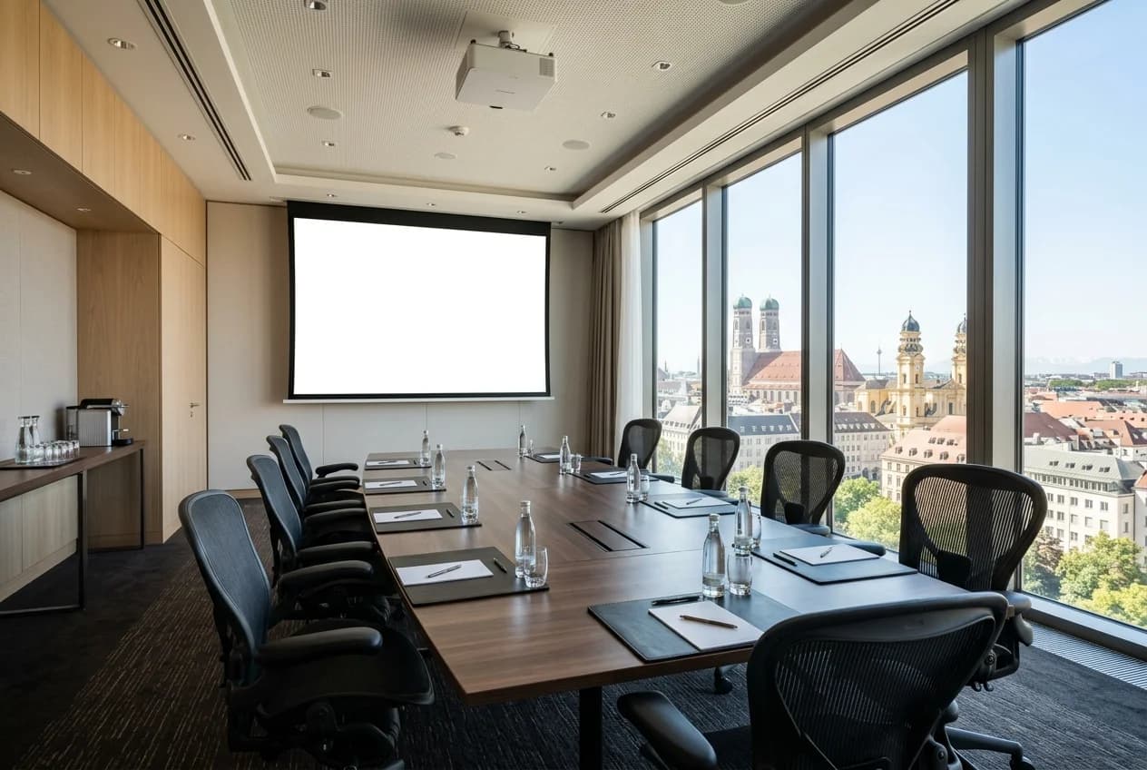 Conference room at a premium Zurich hotel with modern AV equipment and Bavarian decor