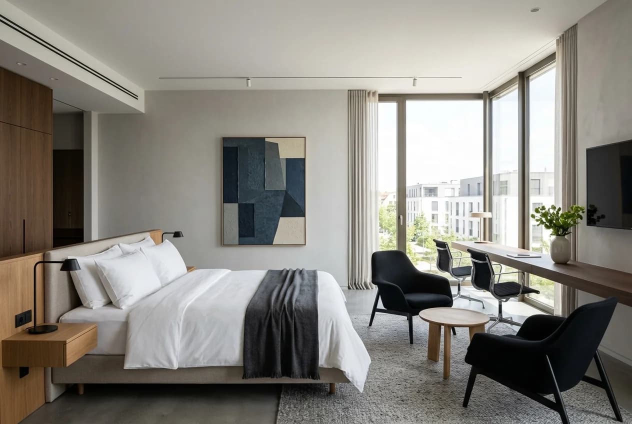 Contemporary design hotel room in Cologne with architectural details and modern furnishings