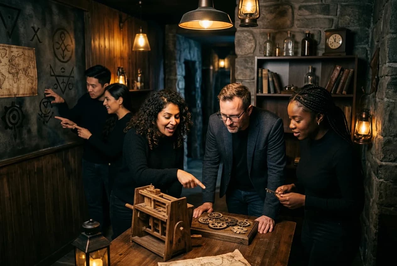 Corporate team solving puzzles in a themed escape room in Vienna