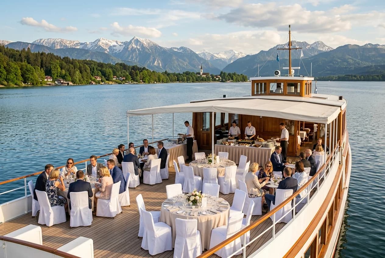 Corporate event boat cruise on Starnberger See near Vienna with Alpine panorama