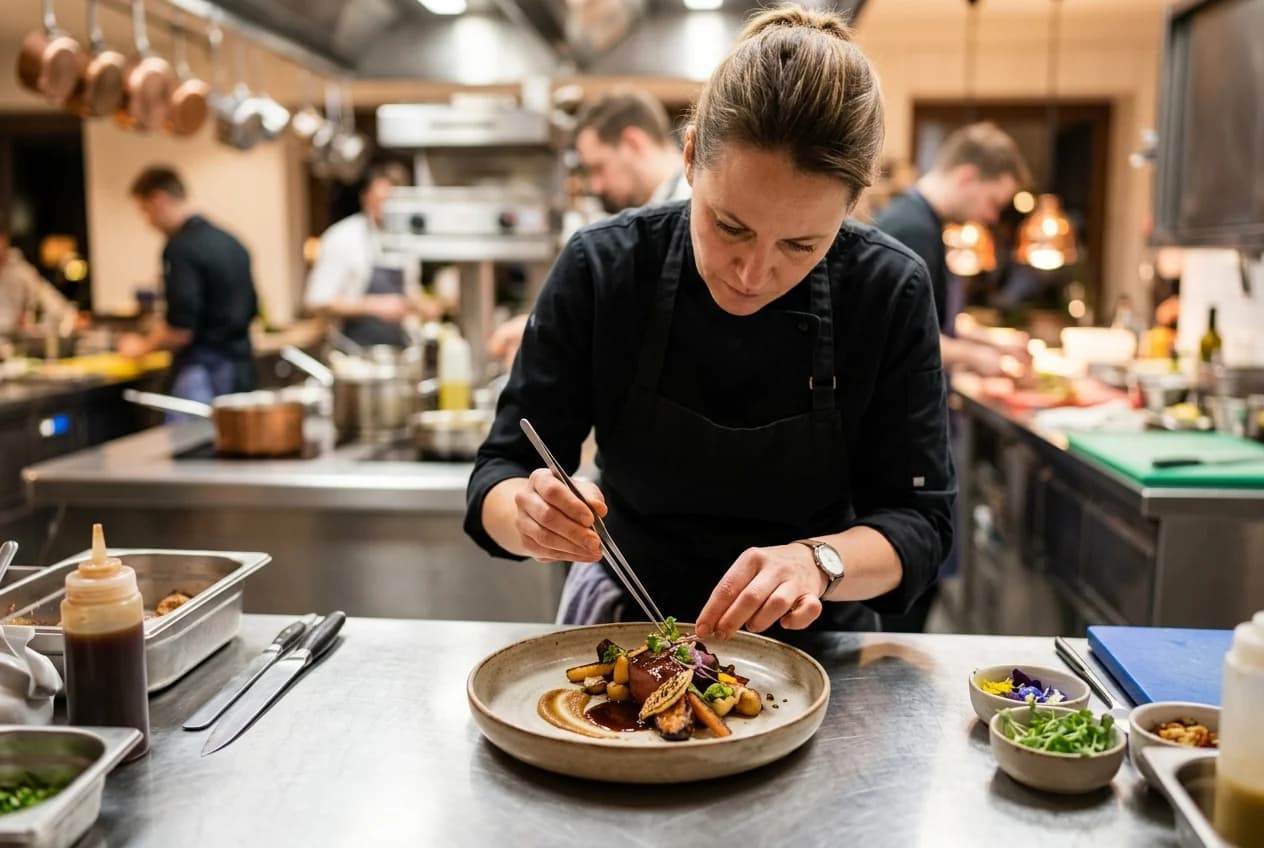 Private chef preparing a fine dining course at a corporate dinner in Vienna