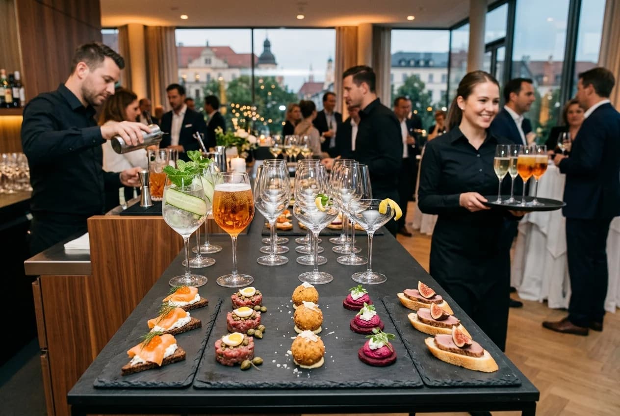Elegant fingerfood and cocktail reception catering at a corporate event in Cologne