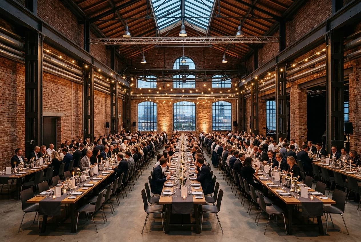 Industrial loft event venue in Cologne Werksviertel with exposed brick and modern lighting