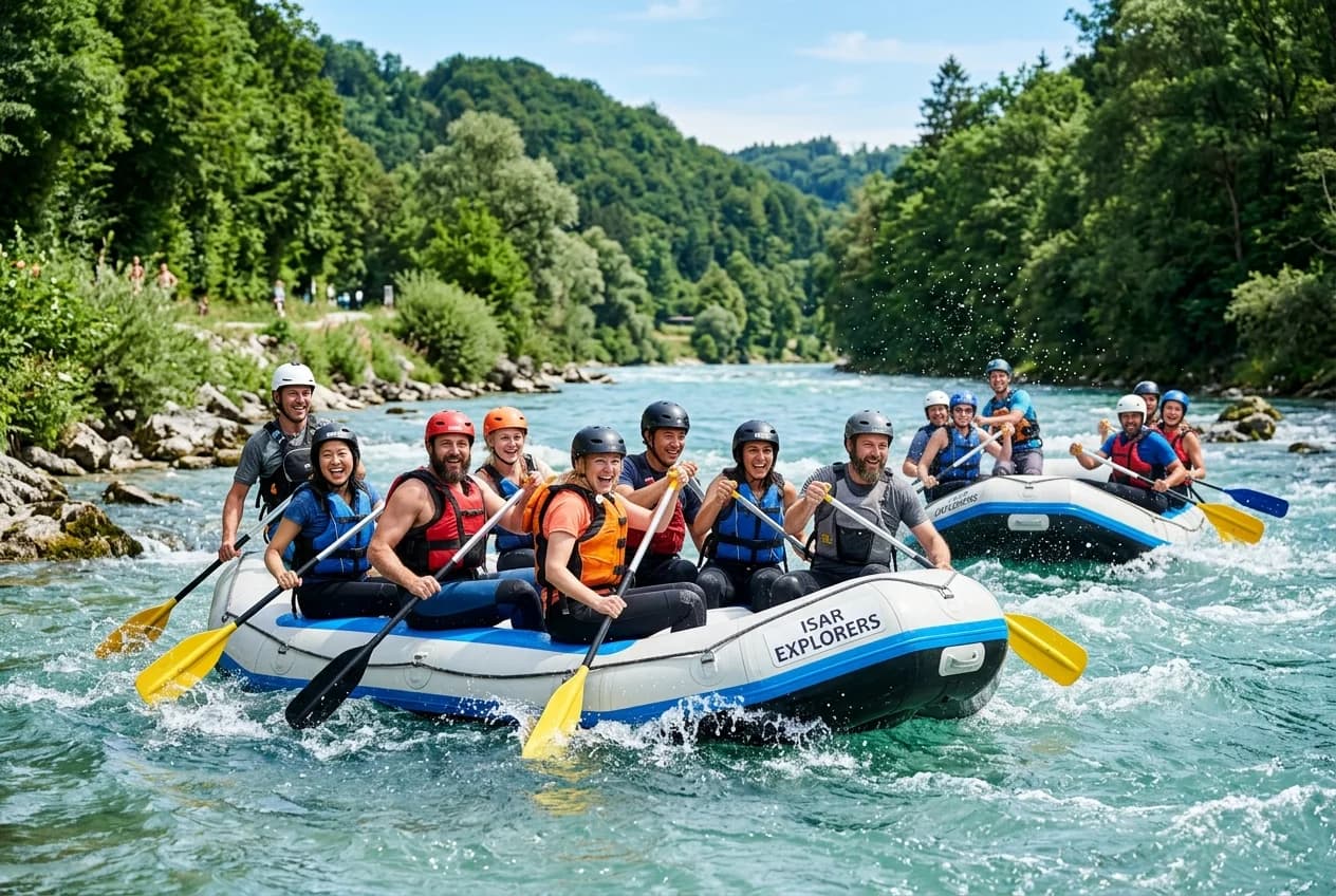 Corporate team rafting on the Isar river in Vienna
