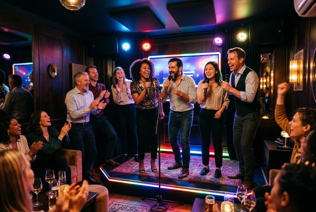 Corporate team singing in a private karaoke room in Vienna