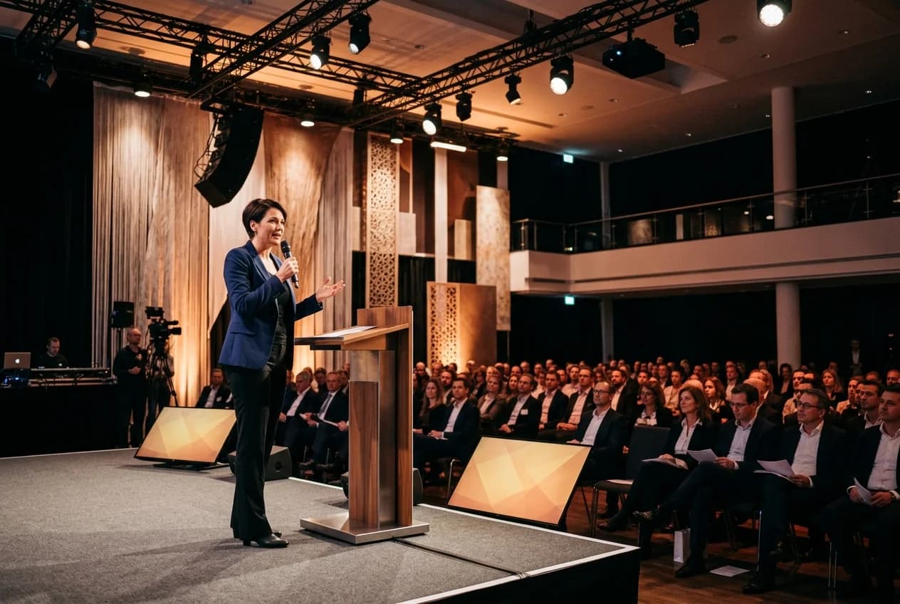 Professional moderator hosting a corporate event on stage in Zurich