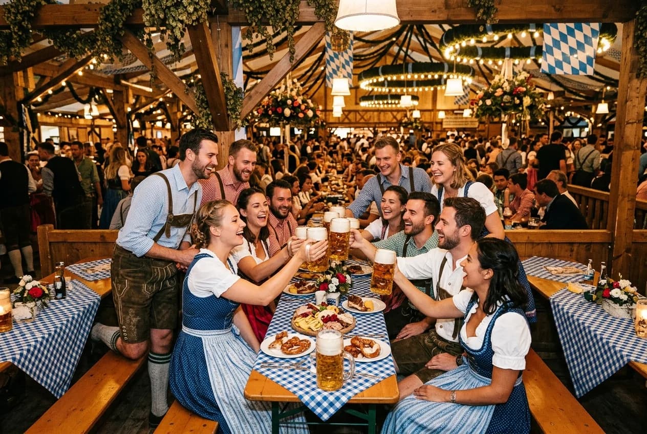 Corporate team at an Oktoberfest company event in Vienna with Mass beer and Trachten