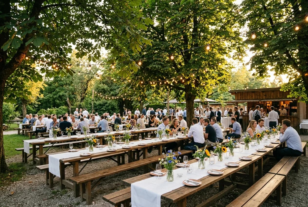 Corporate summer event at an outdoor garden venue in Cologne near Englischer Garten