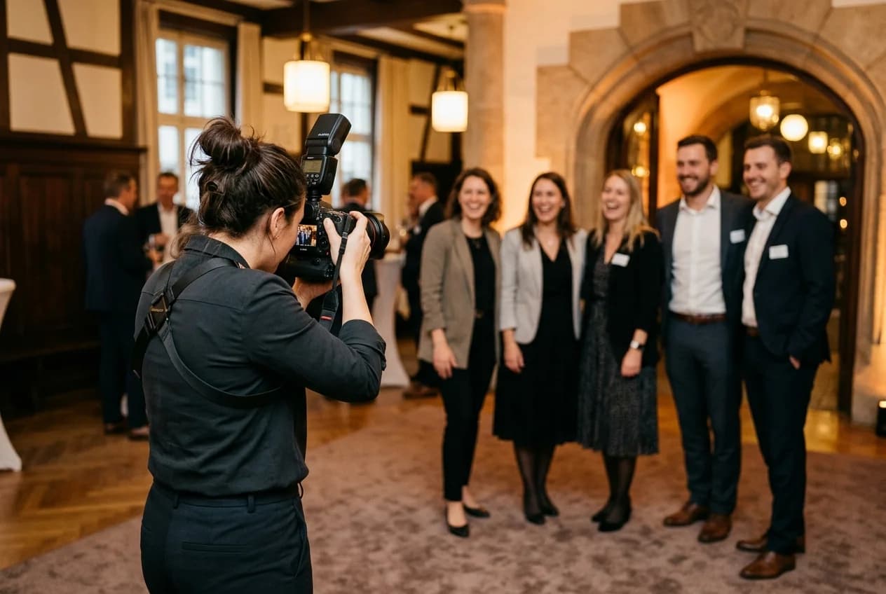 Professional event photographer capturing a corporate team event at Marienplatz in Cologne