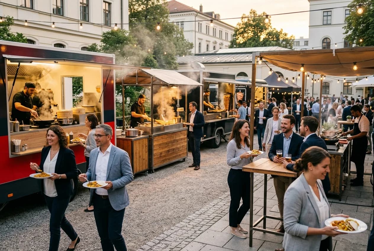 Street food station catering at a corporate outdoor event in Cologne with food trucks