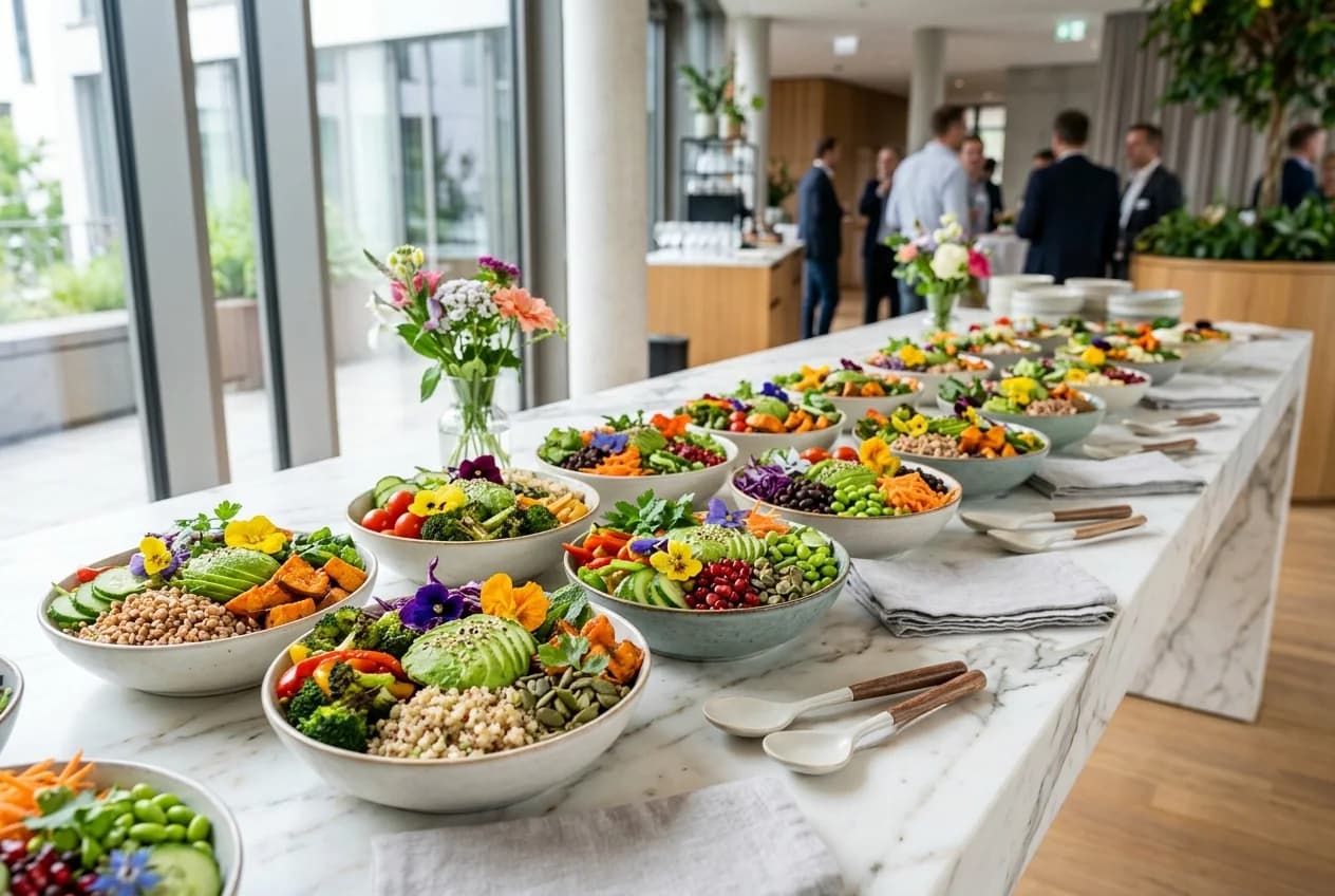 Vegan catering spread at a corporate event in Cologne with colorful plant-based dishes
