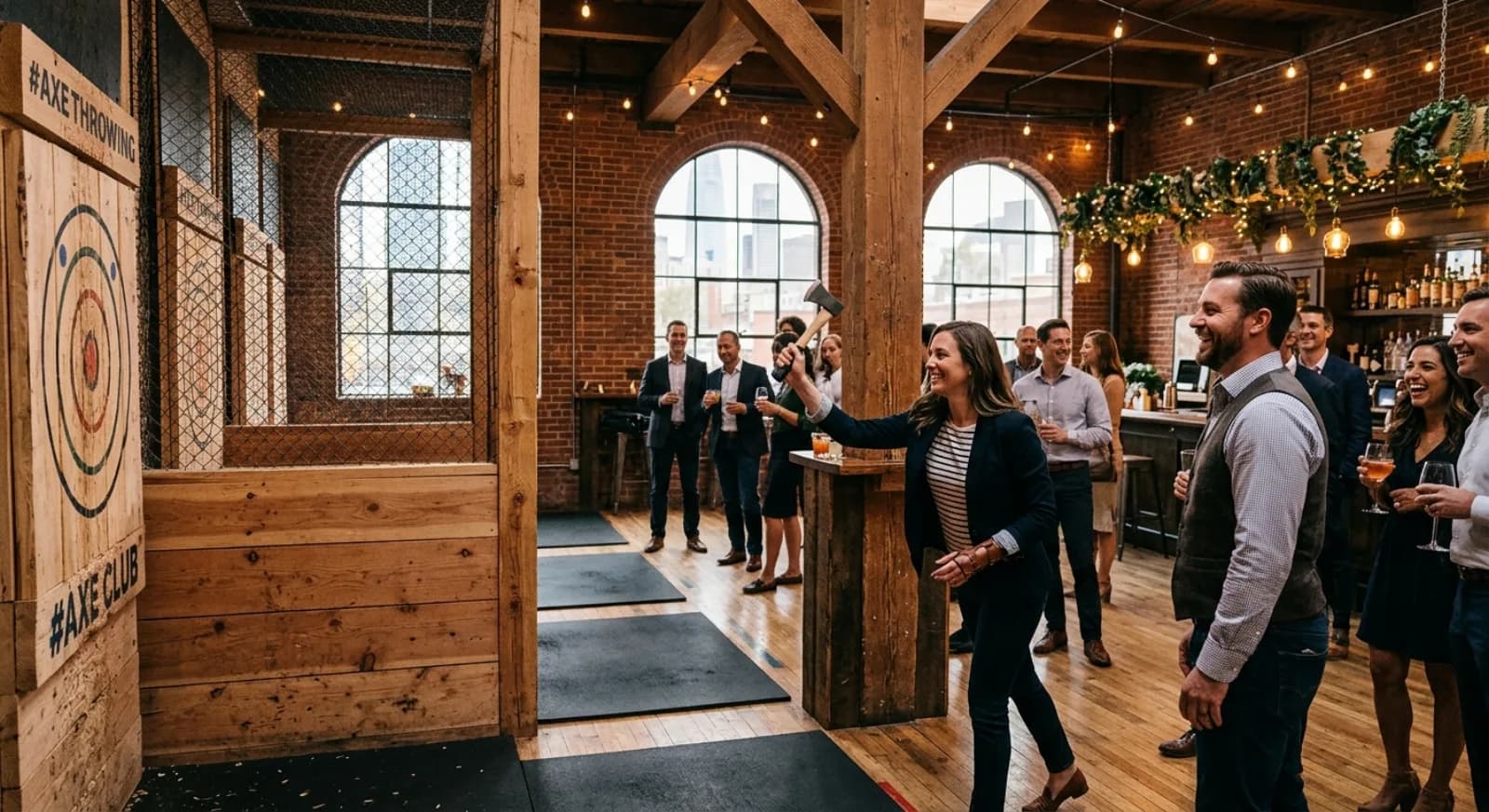 Professional axe throwing instructor guiding corporate team in San Francisco SoMa venue
