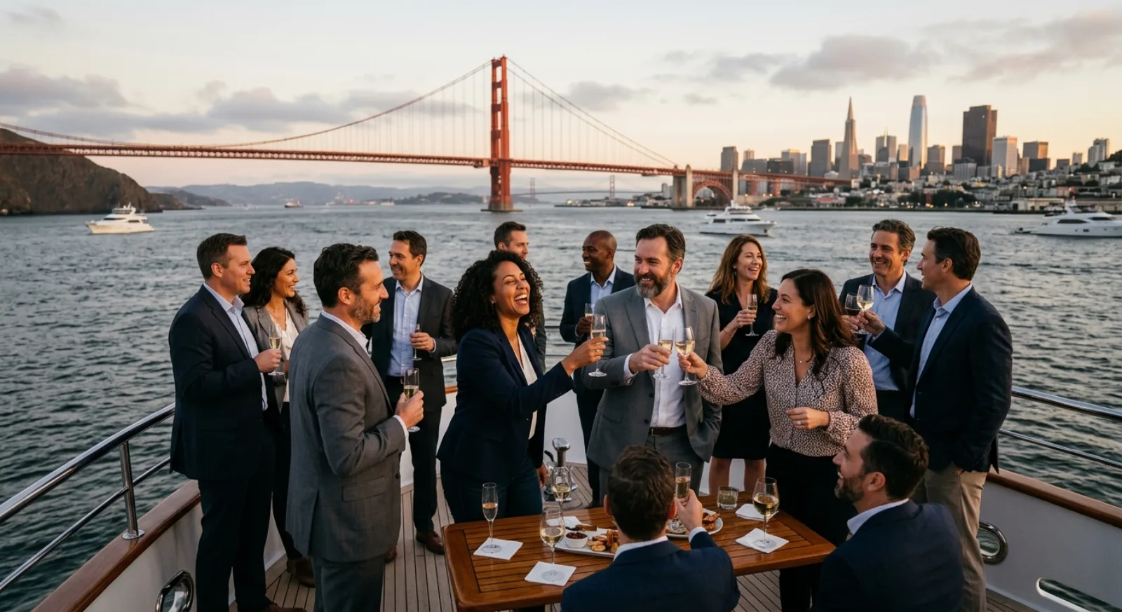 Corporate team enjoying private bay cruise in San Francisco with Golden Gate Bridge views