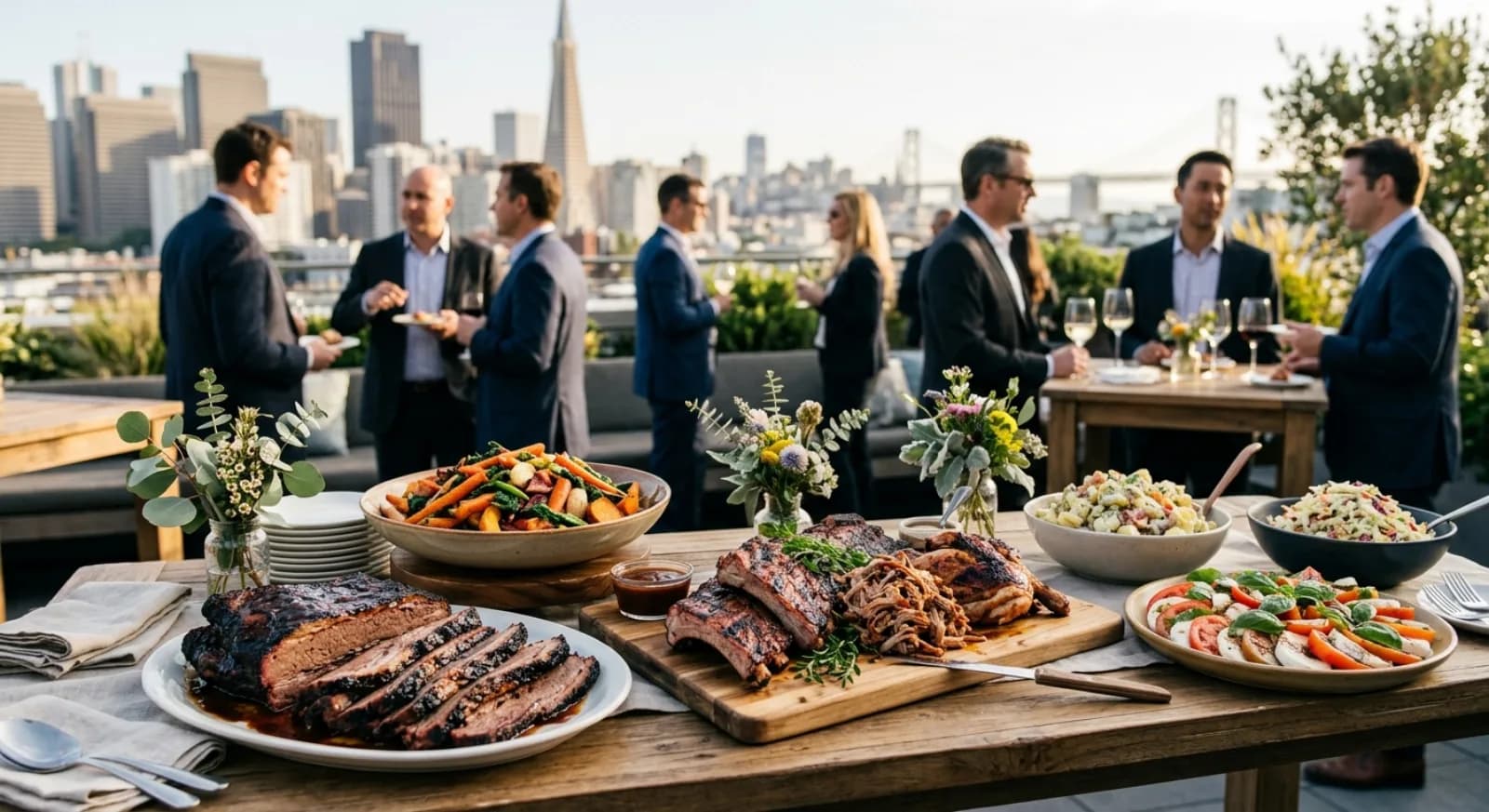 Casual BBQ catering buffet service at corporate team event in San Francisco
