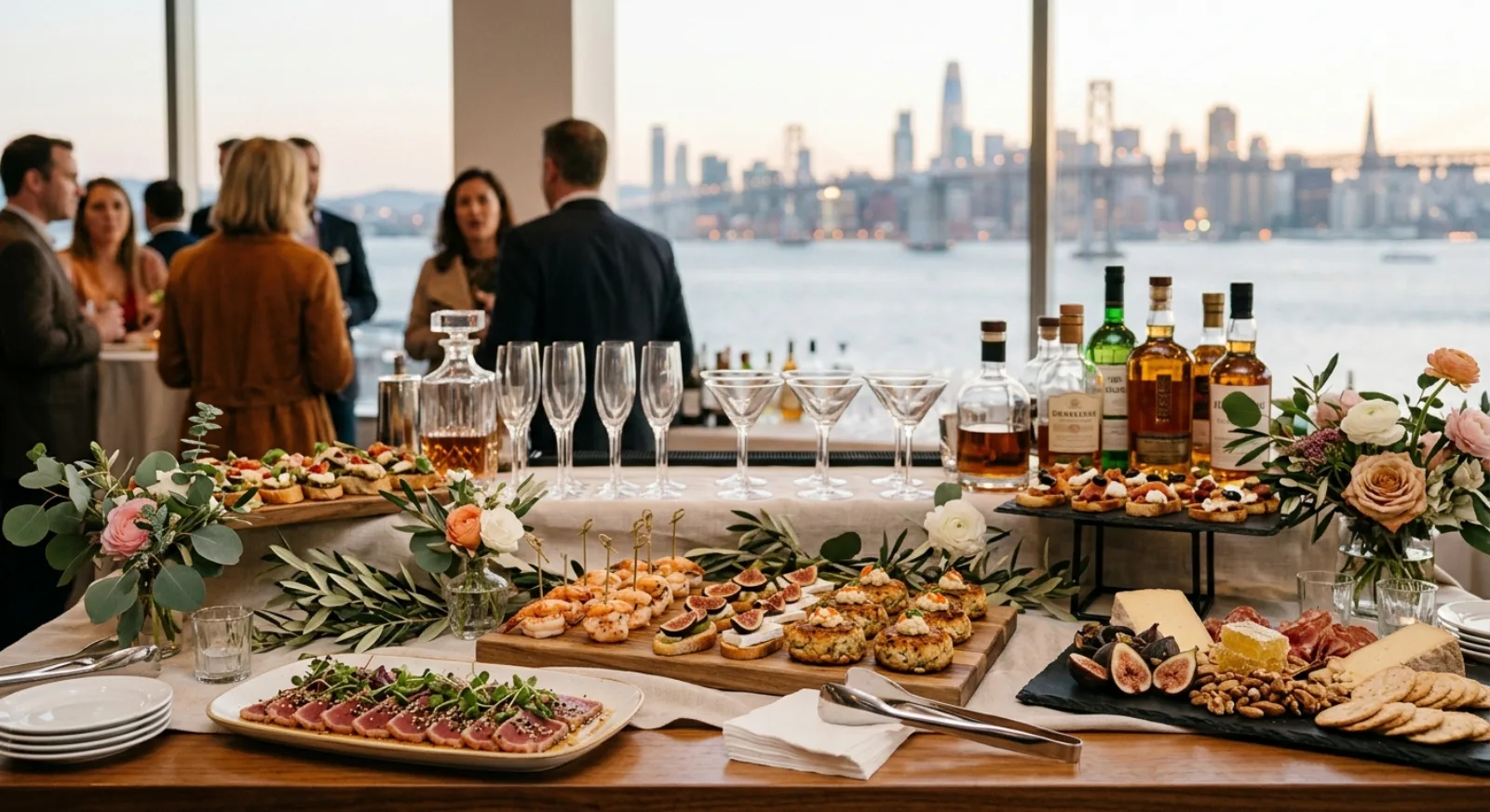 Professional catering staff serving passed appetizers and cocktails at corporate event in San Francisco