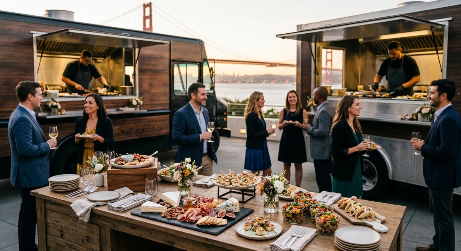 Interactive food truck catering with multiple cuisine options at corporate event in San Francisco