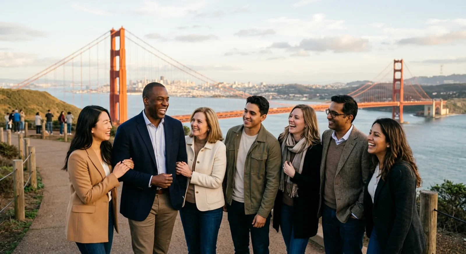 Group walking tour in San Francisco exploring Golden Gate Bridge and Bay Area landmarks
