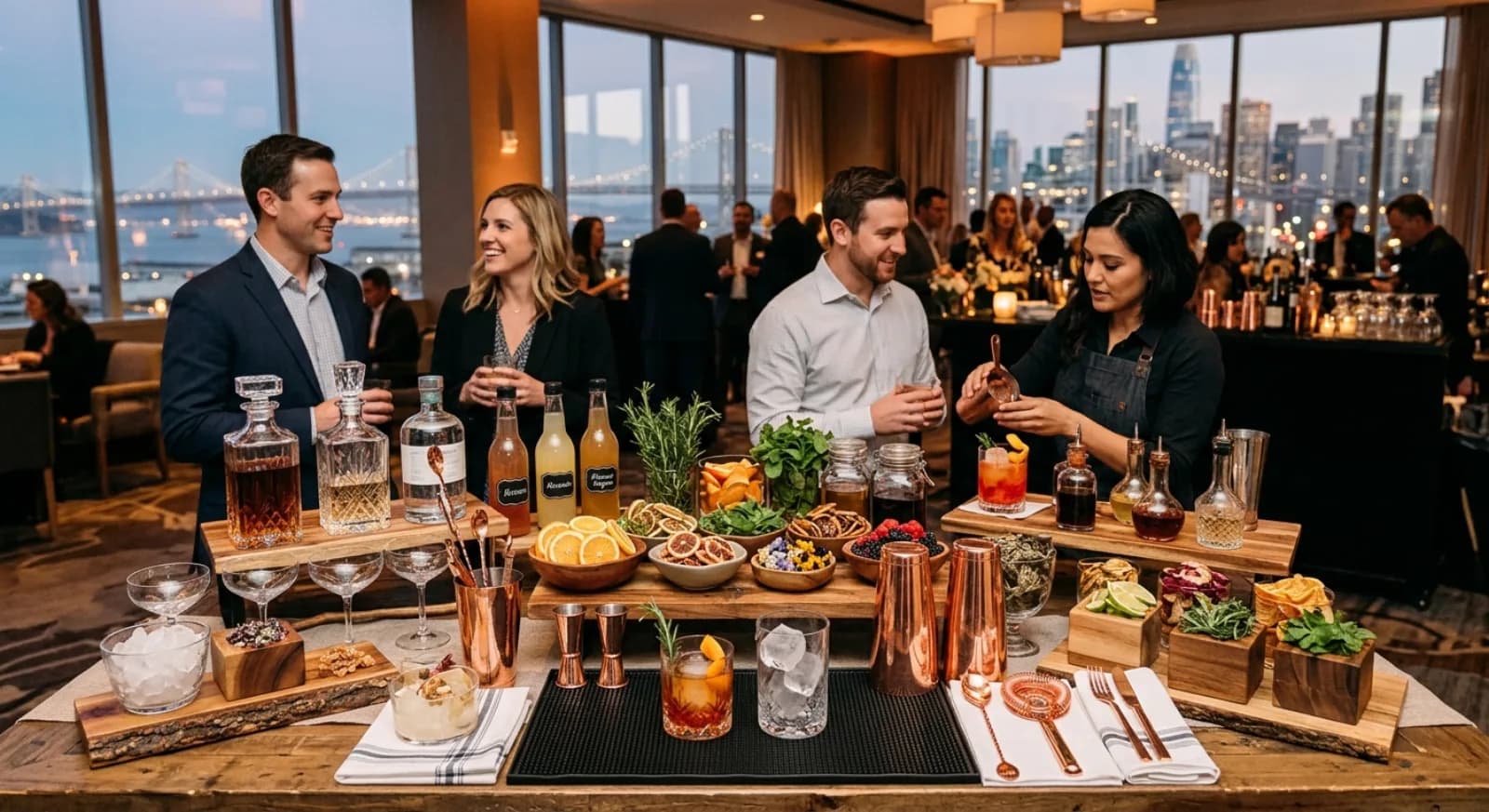 Professional bartender teaching craft cocktail mixing to corporate team in San Francisco