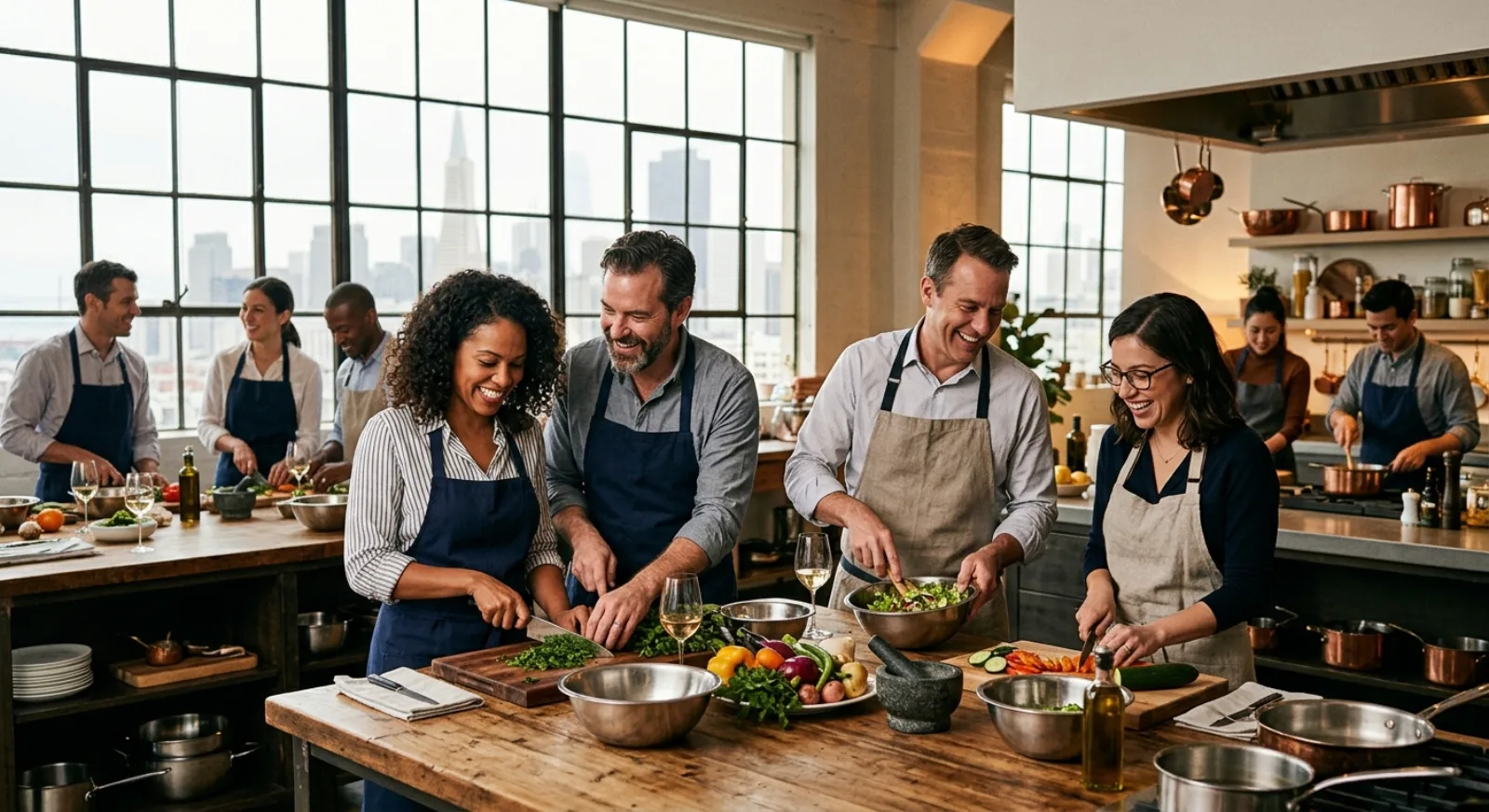 Group cooking class in San Francisco with colleagues preparing farm-to-table Bay Area cuisine