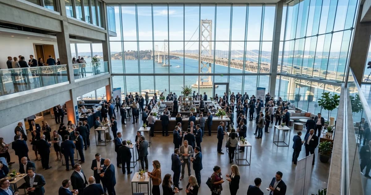 Professional corporate event attendees networking at modern San Francisco venue with Bay Bridge views