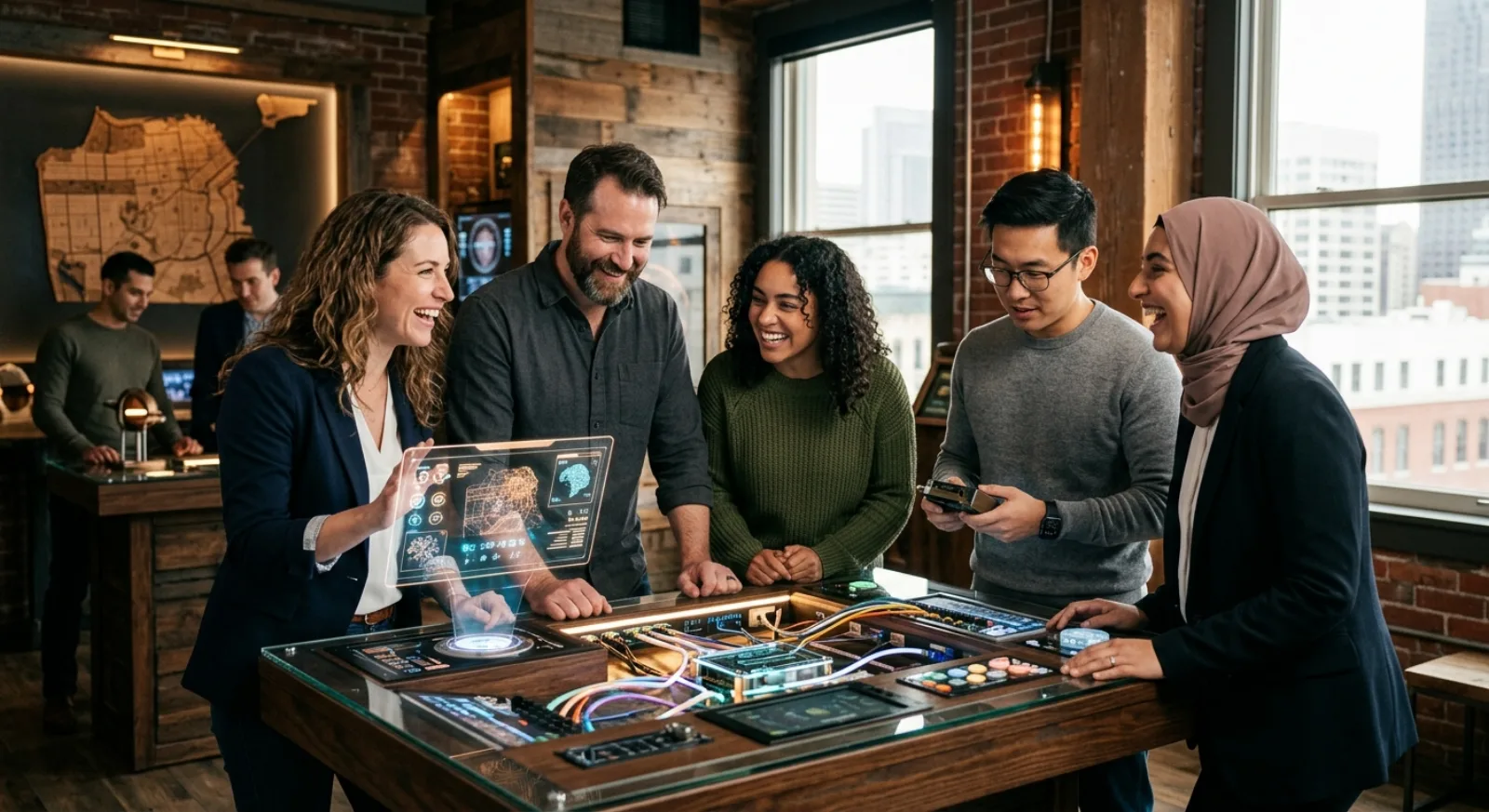 Team solving tech-themed escape room puzzle in San Francisco with focus on teamwork