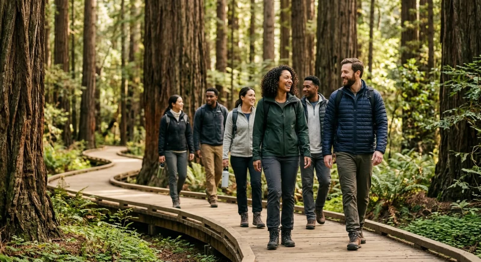 Corporate team hiking in Muir Woods near San Francisco with professional instruction