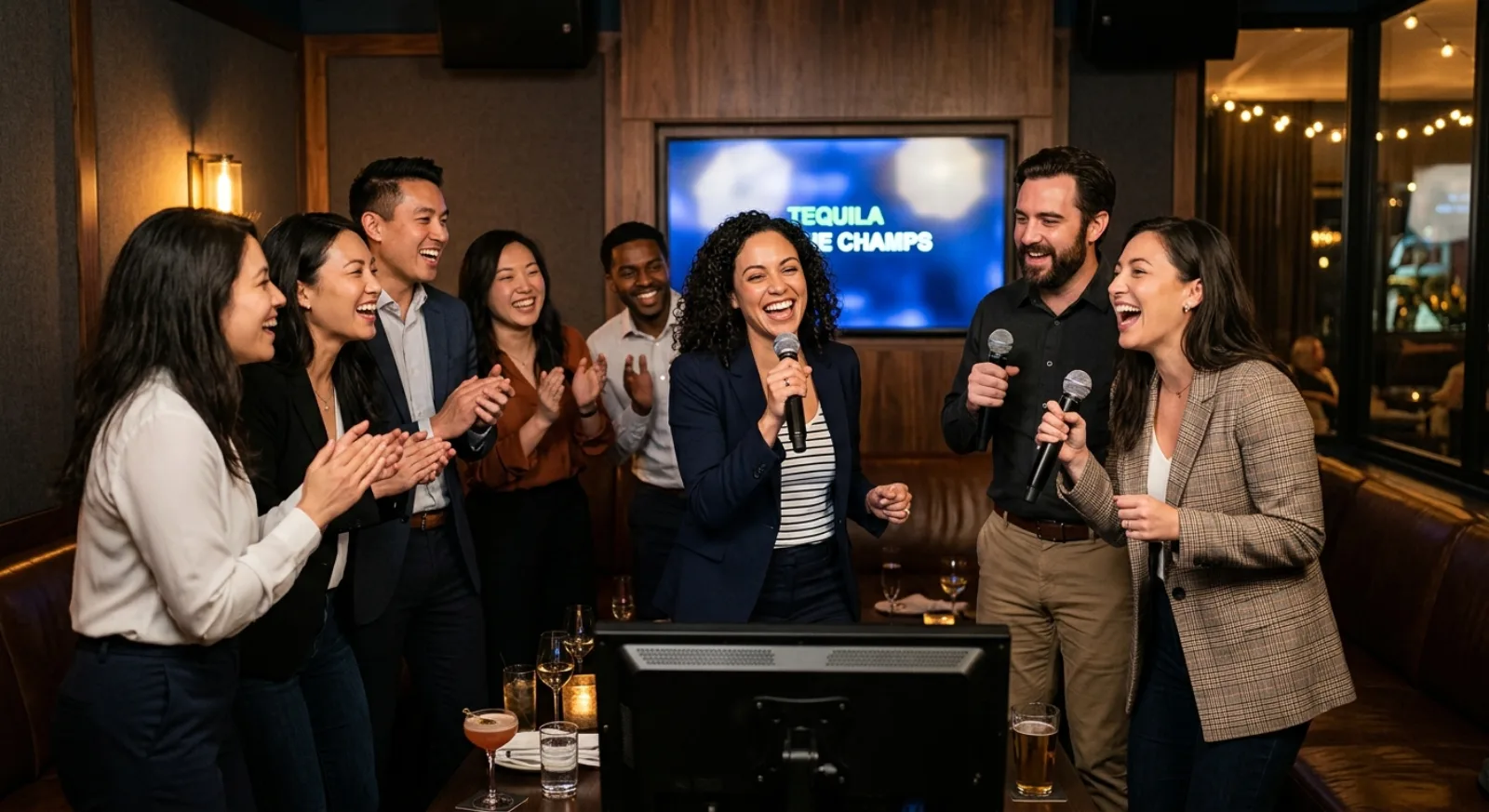 Team singing karaoke together in private San Francisco room with professional sound system
