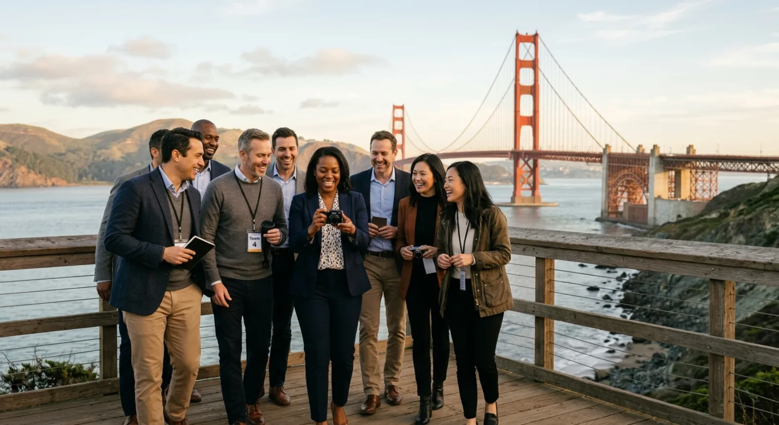 Corporate team taking photos at Golden Gate Bridge during scavenger hunt in San Francisco
