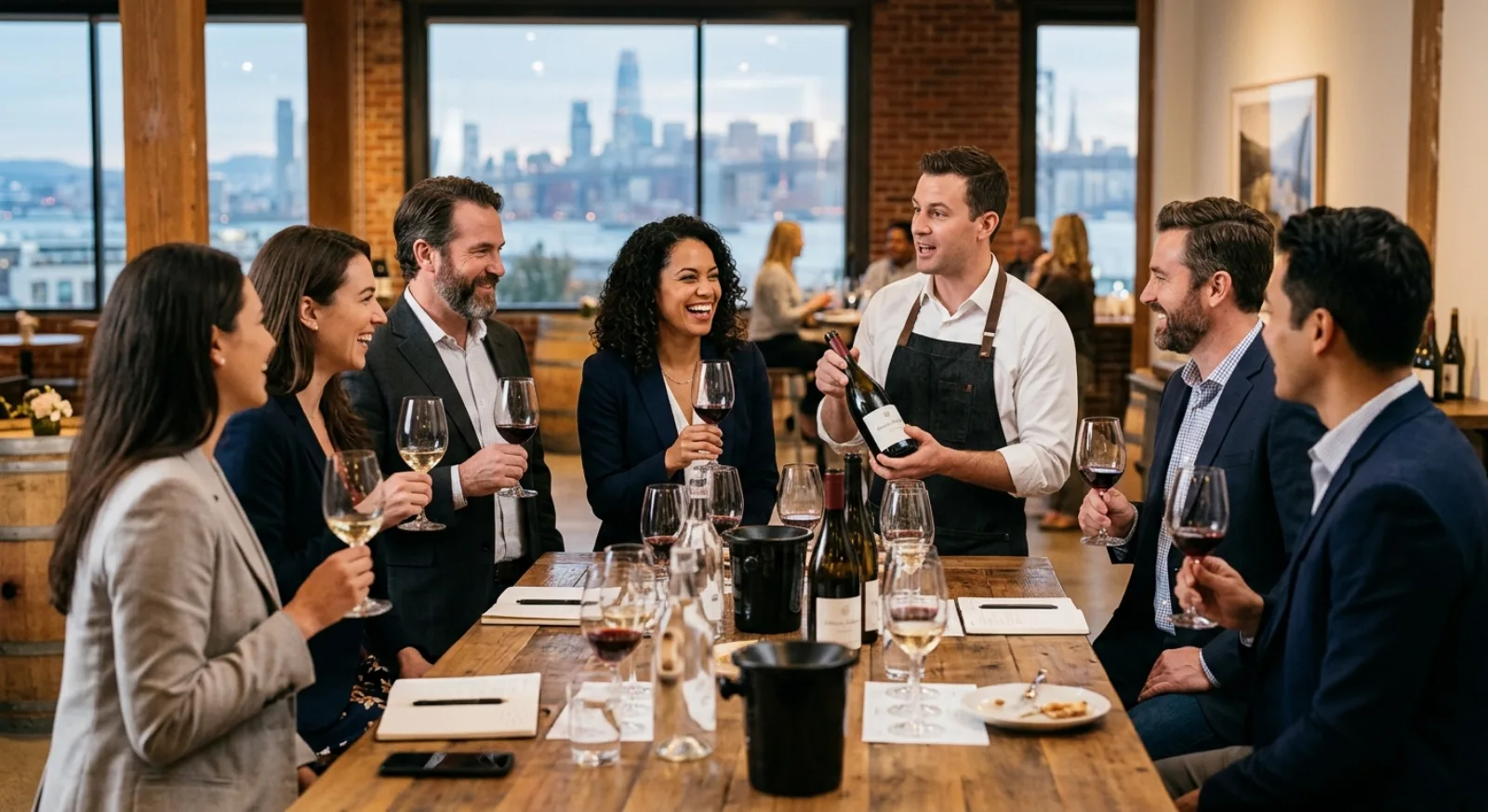 Corporate team enjoying wine tasting experience led by sommelier in San Francisco